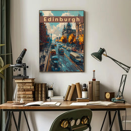 Edinburgh Cityscape: Vintage Vehicles and Autumn Charm Poster