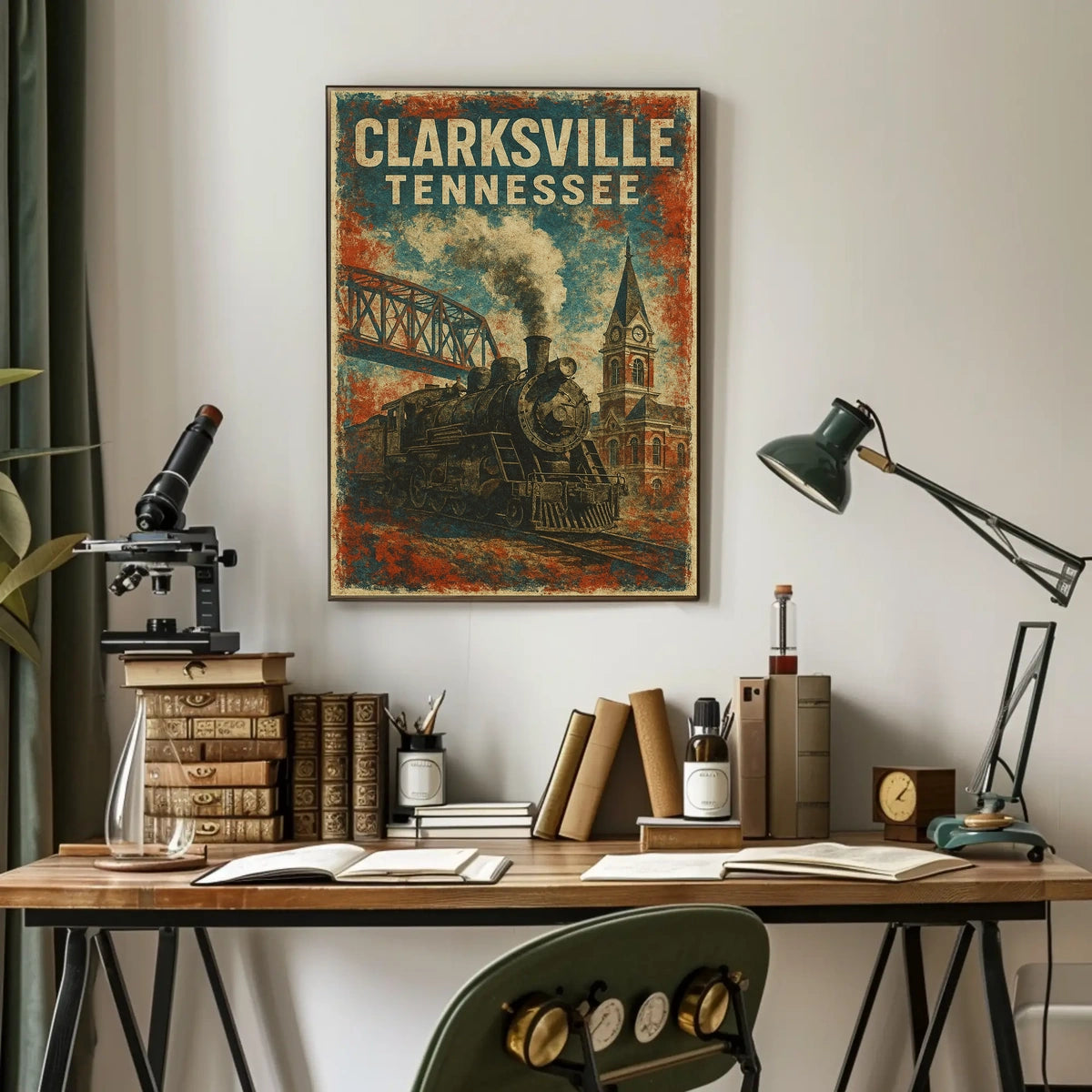 Clarksville Tennessee Vintage Railway Cityscape Travel Souvenir Wall Art Urban Nostalgia Poster