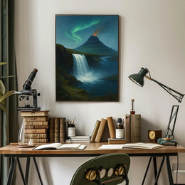 Icelandic Waterfall Under Aurora Borealis National Park Poster