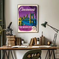 Cincinnati The Queen City Vintage Illustration Bridge Poster