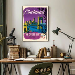 Cincinnati The Queen City Vintage Illustration Bridge Poster