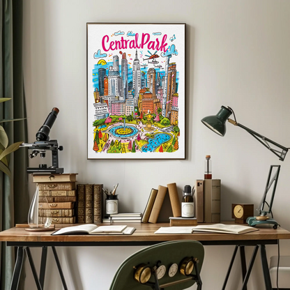 Central Park New York Cityscape Colorful Skyline Travel Poster