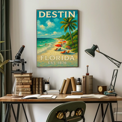 Destin Florida Palm Umbrella Beach Travel Poster