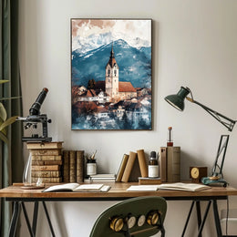 Liechtenstein Balzers Church and Mountains View Poster