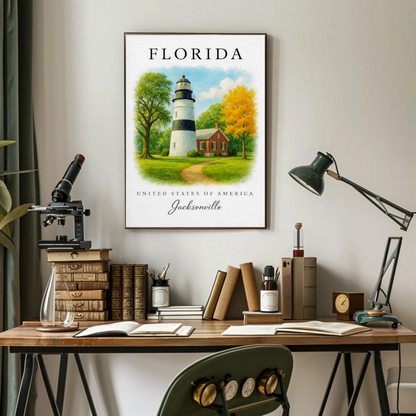 Jacksonville Florida Lighthouse Cottage Autumn Trees Travel Poster