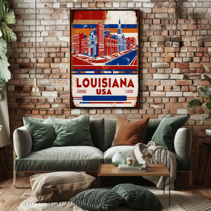 Louisiana USA French Quarter Street Vintage Maroon Travel Poster