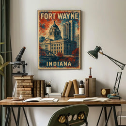 Fort Wayne Indiana Cityscape Vintage Wanderlust Poster