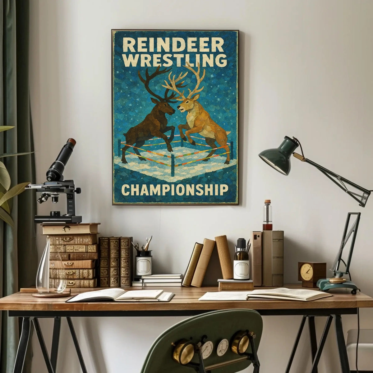 The poster titled "Reindeer Wrestling Championship" depicts an imaginative and playful scene featuring Travel Poster