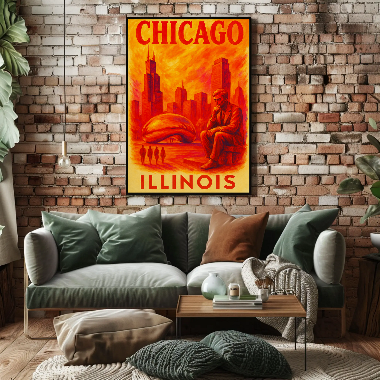 Chicago Skyline Bean Statue Modern Red Vintage Travel Poster Wall Art
