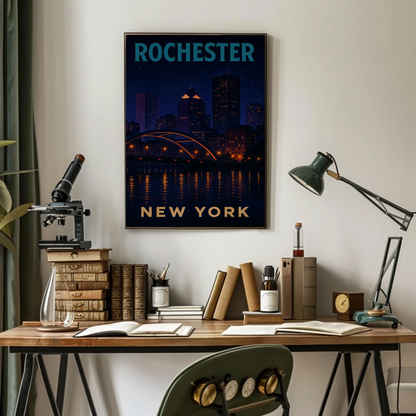 Rochester New York Night Skyline River Lights Travel Poster Travel Poster