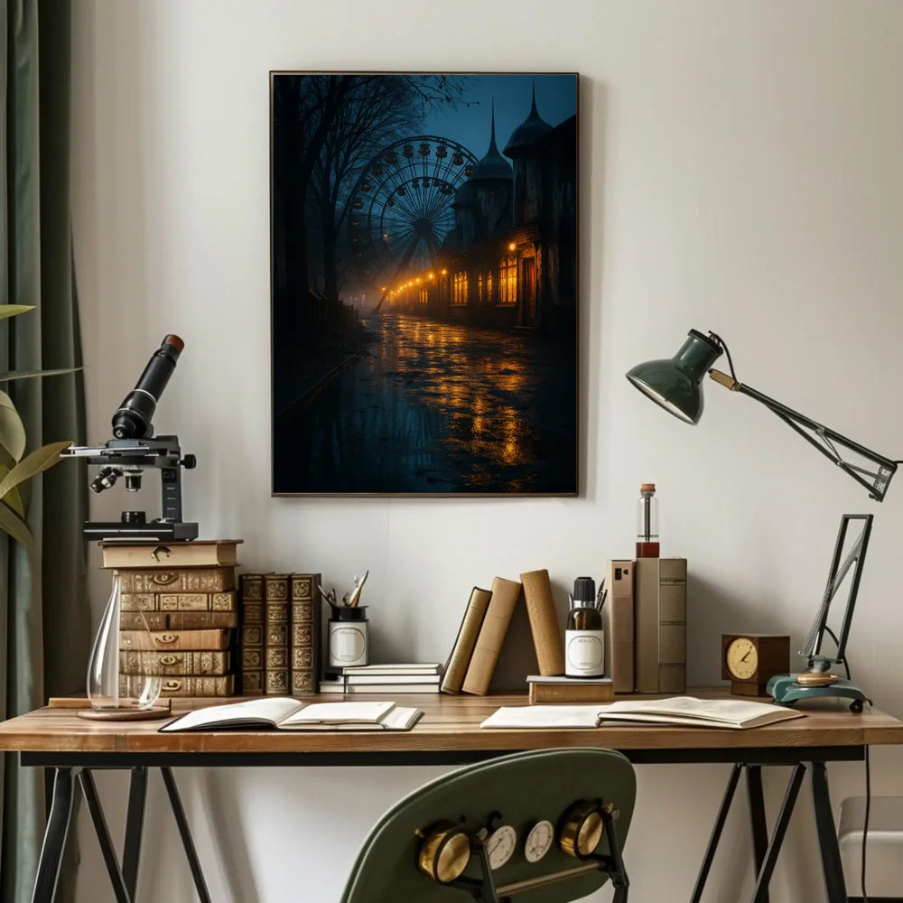 Eerie Nighttime Amusement Park Urban or Cityscape Poster PosterGoat
