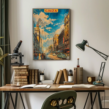 Ginza Tokyo Vintage Crowd Skyline Travel Poster