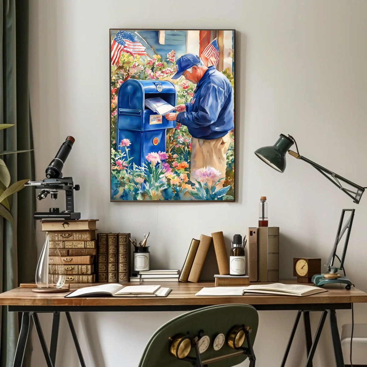 postal worker placing letters Poster
