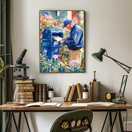 postal worker placing letters Poster