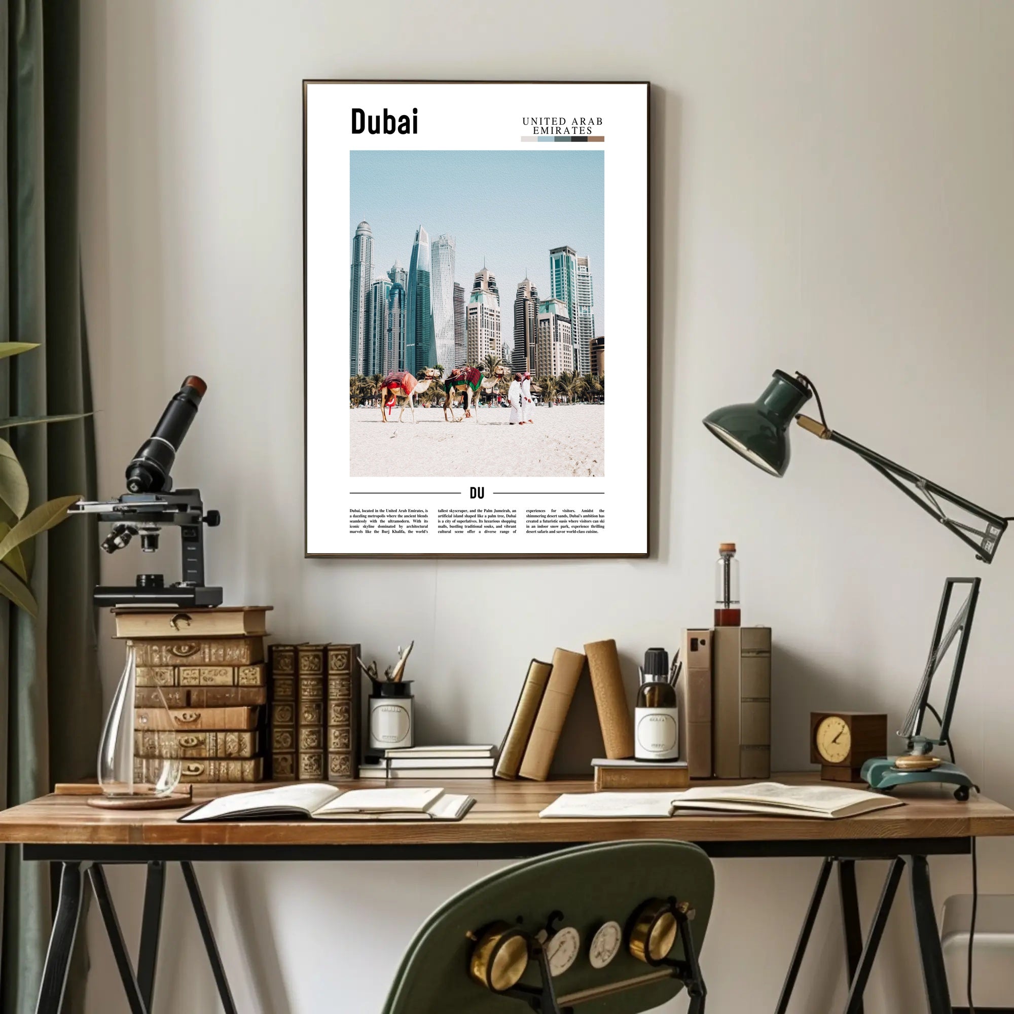 Dubai Skyline and Camels Travel Poster PosterGoat
