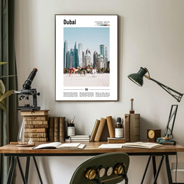 Dubai Skyline and Camels Travel Poster PosterGoat