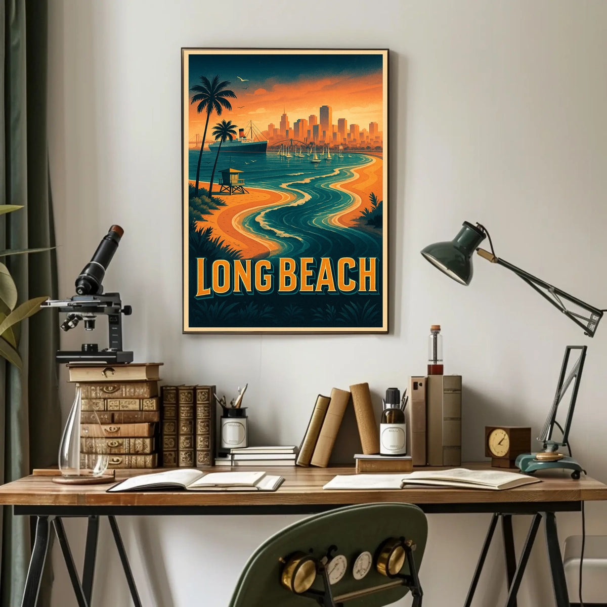 Long Beach Coastal Scene Retro Style Palm Trees City Skyline Poster