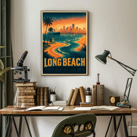 Long Beach Coastal Scene Retro Style Palm Trees City Skyline Poster