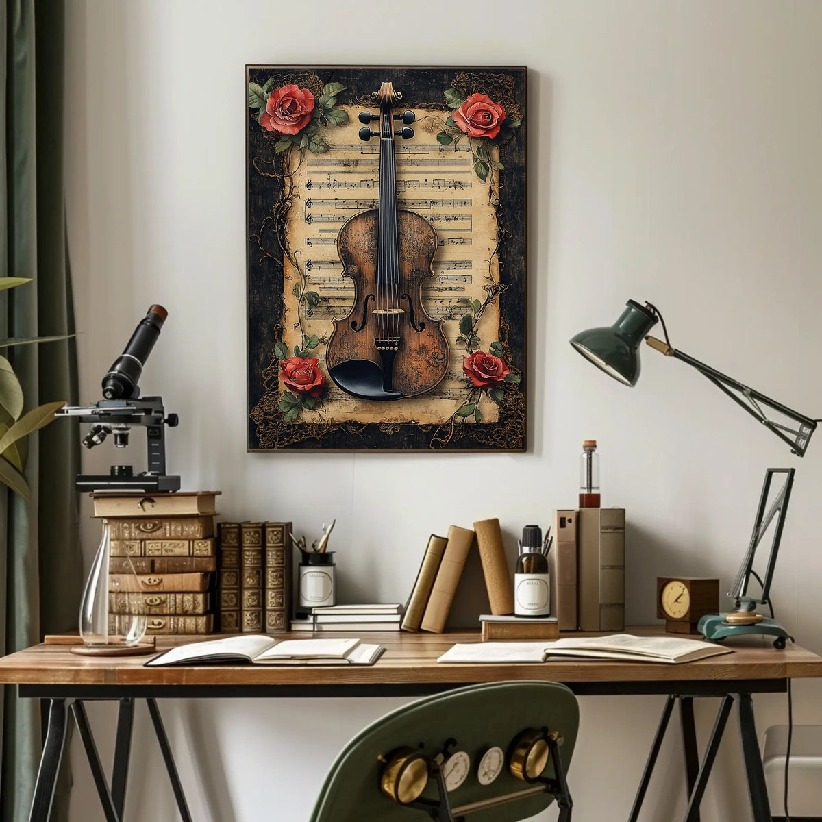 Vintage Violin & Roses Scene Elegant Artistic Poster