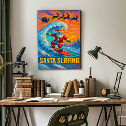 Santa Surfing Poster: Festive Beach Adventure Art