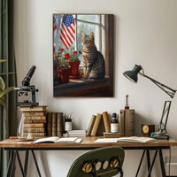 tabby cat sitting in a windowsill Poster