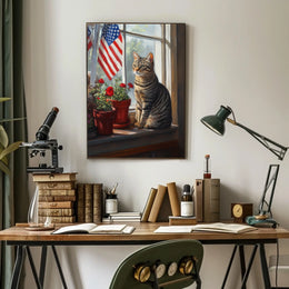 tabby cat sitting in a windowsill Poster