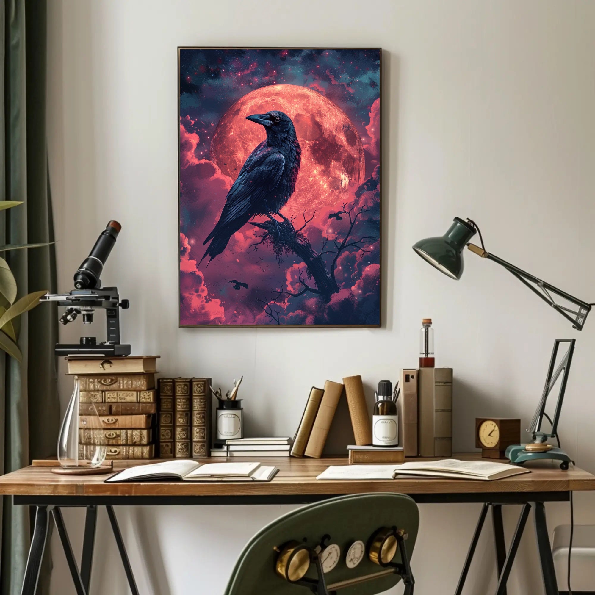 Mystical Raven Under Blood Moon Art Print Poster PosterGoat