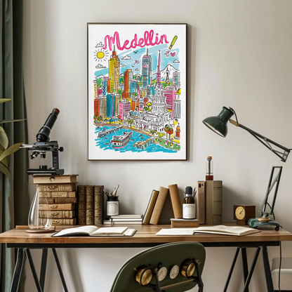 Medellin Colombia Colorful Cityscape and Mountains Travel Poster