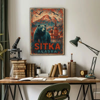 Sitka Alaska Travel Vintage Bear Foreground Snowcapped Mountains Church Heritage Art Deco Retro Eighties Poster