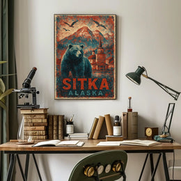 Sitka Alaska Travel Vintage Bear Foreground Snowcapped Mountains Church Heritage Art Deco Retro Eighties Poster