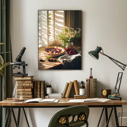 rustic kitchen counter with cherry pie Poster