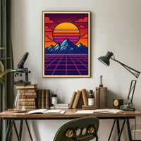 Vibrant Retro-Inspired Mountainscape Poster with Futuristic Sci-Fi Elements