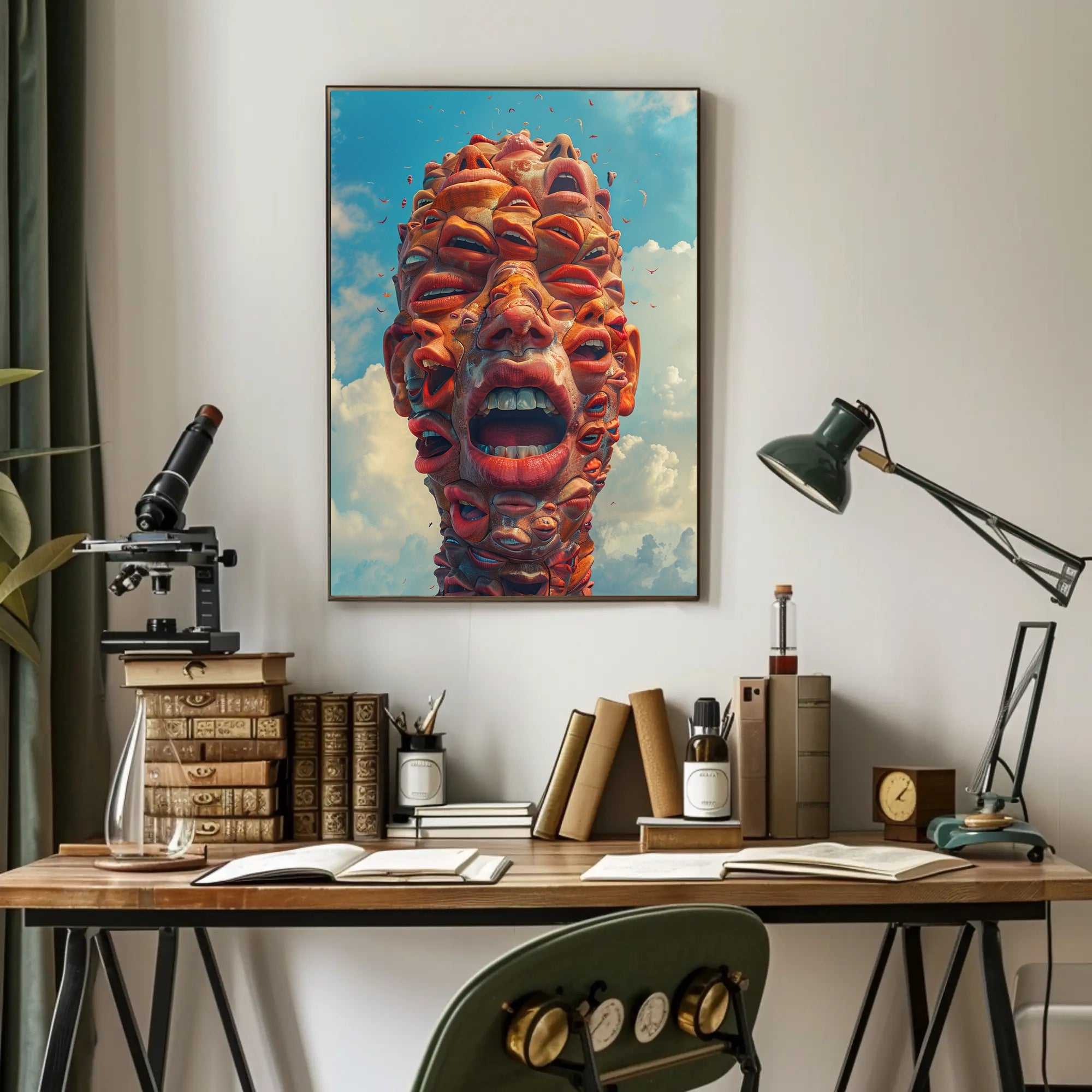 Surreal Abstract Faces Poster with Blue Sky Background PosterGoat