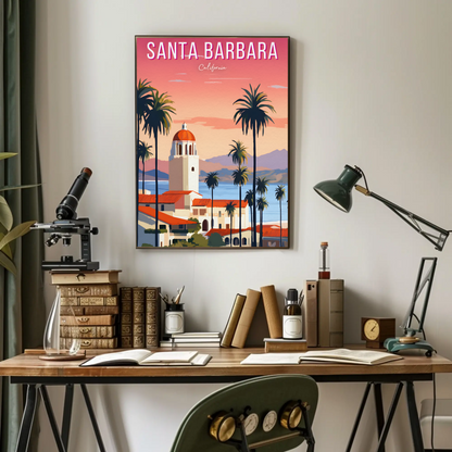 Santa Barbara California Palm Coast Sunset Travel Poster