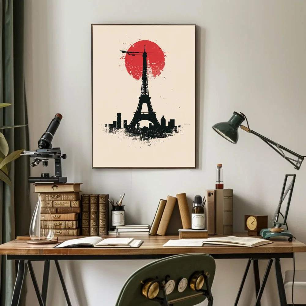 The poster features a stylized depiction of the Eiffel Tower in silhouette against Travel Poster