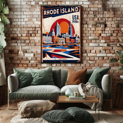 Rhode Island USA 1950s Waterfront Skyline Vintage Travel Poster
