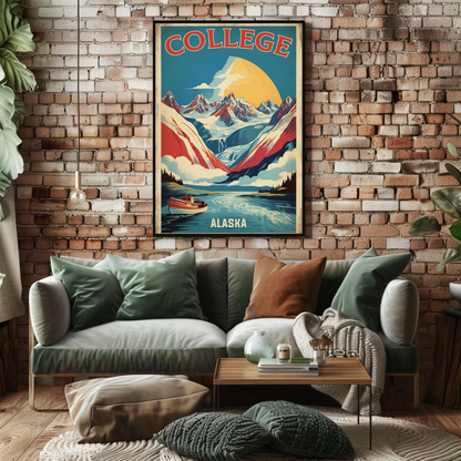 College Alaska Glacier Boat Mountains Sunset Vintage Travel Poster