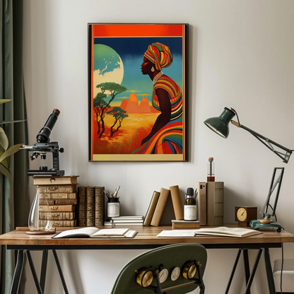 African Woman Desert Moon Landscape Travel Poster