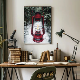 Red Lantern in Snowy Forest Adventure Travel Poster