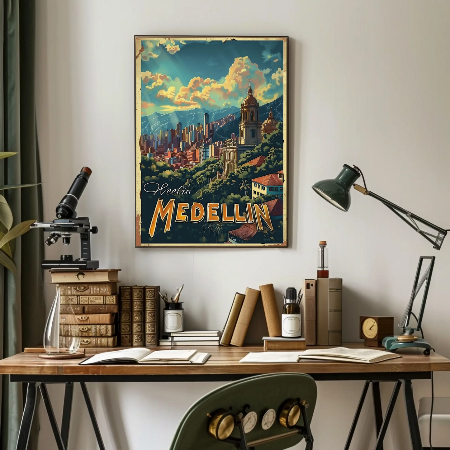 Medellin Cathedral City Skyline Colombian Landscape Travel Poster