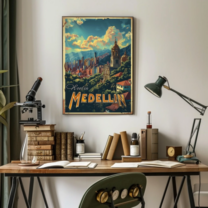 Medellin Cathedral City Skyline Colombian Landscape Travel Poster
