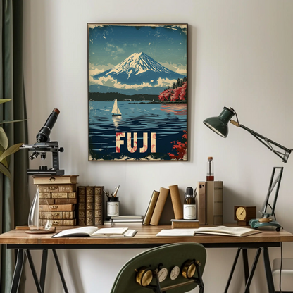 Fuji Mountain Sailing Scene Vintage Travel Poster