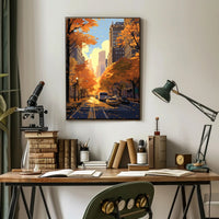 Urban Autumn Street Scene: Abstract, Artistic, or Pop Culture Poster