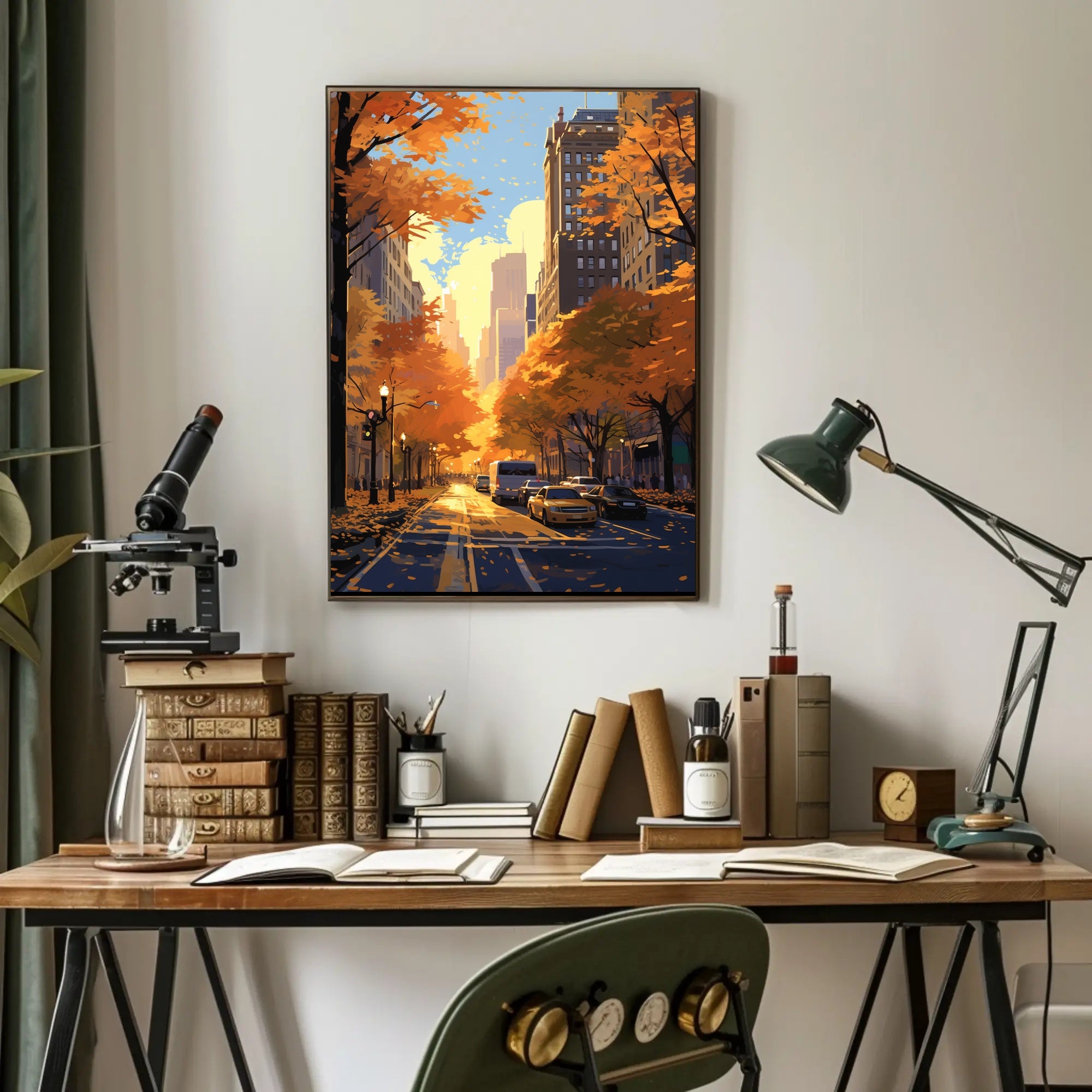 Urban Autumn Street Scene: Abstract, Artistic, or Pop Culture Poster
