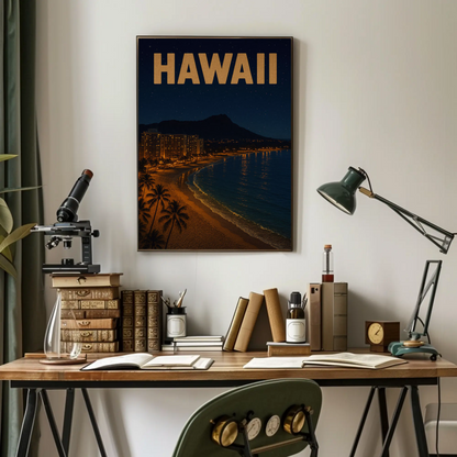 Hawaii Coastline At Night With Hotels Travel Poster