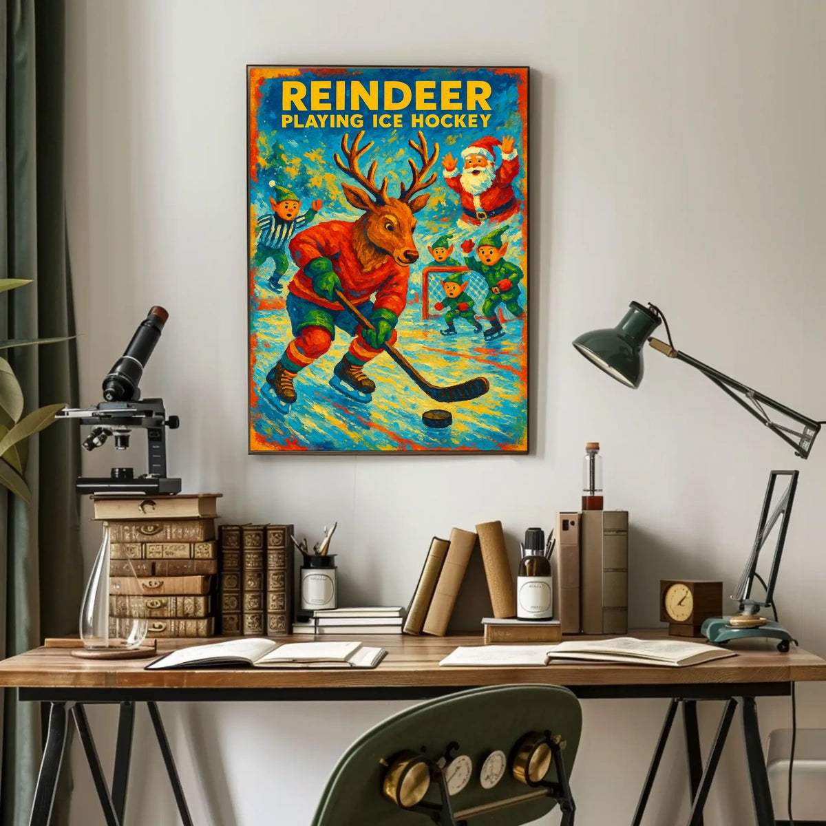 Reindeer Playing Ice Hockey Poster
