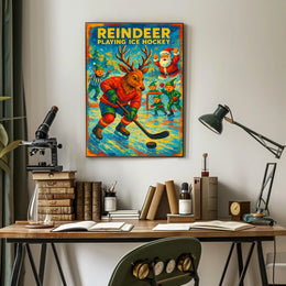 Reindeer Playing Ice Hockey Poster