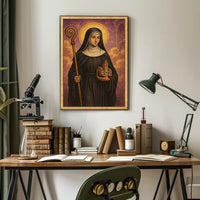 Saintly Figure with Church Poster PosterGoat