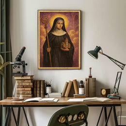 Saintly Figure with Church Poster PosterGoat
