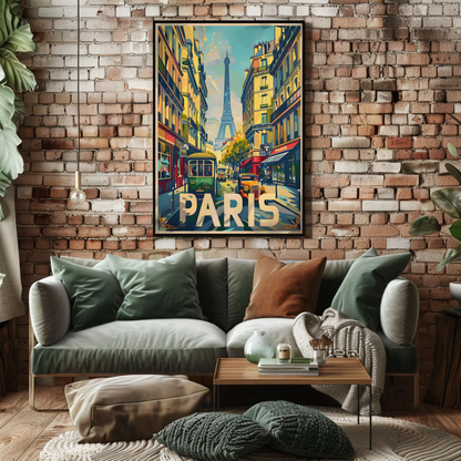 Vibrant Parisian Street Eiffel View Vintage Travel Poster